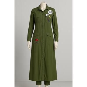 Olive Green Military Style Patch Jacket S Utility Long Shacket Grunge Streetwear